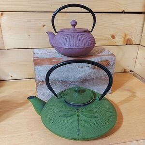 Lot of 2 Green Cast Iron Japanese Teapot green Dragonfly + purple